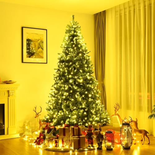 HAPPYGRILL 8FT Pre-Lit Christmas Tree with 2128 PVC Branch Tips and Foldable Base, Premium Artificial Spruce Tree Hinged Xmas Tree for Holiday Decor