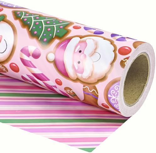 WRAPAHOLIC Reversible Gingerbread Christmas Wrapping Paper - Mini Roll - 17 Inch x 33 Feet - Pink Purple Stripes and Gingerbread Wrapping Paper for Xmas Holiday, Party Celebration