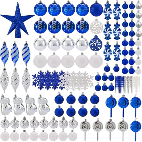 130 Pcs Blue, Silver & White Christmas Ball Ornaments, Shatterproof