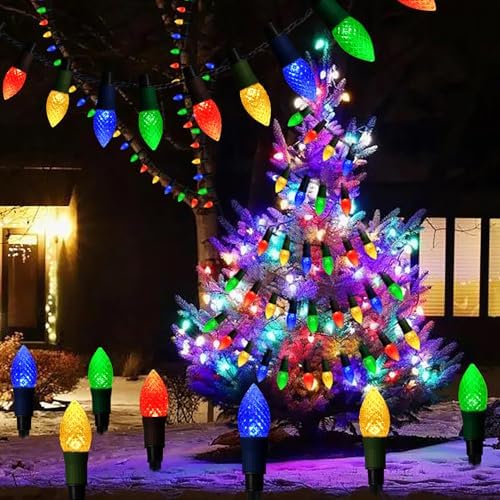 Solar Christmas Pathway Lights, 20 LED C9 String Lights with 20 Stakes, 23FT Solar Powered Multicolored Decorations for Roof, Yard, Patio, Walkway, Driveway