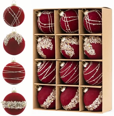 12Pcs Red Velvet Christmas Ornaments 3.15In Balls for Christmas Tree Deco