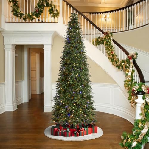 Glitzhome 11ft Prelit Artificial Christmas Tree, Radiant Evergreen Fir with 850 Warm White/Multi-Color LED Lights, Holiday Tree w/Easy Assembly, Metal Hinges & Foldable Base
