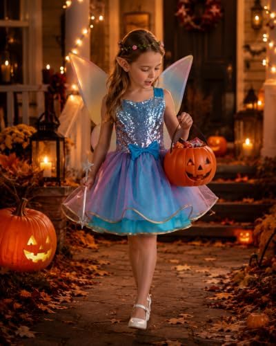 JoyRapt Fairy Costume Dress for Girls 3-10, Fairy Princess Pink Tutu Outfits Butterfly Wings Wand Headband Halloween Gifts