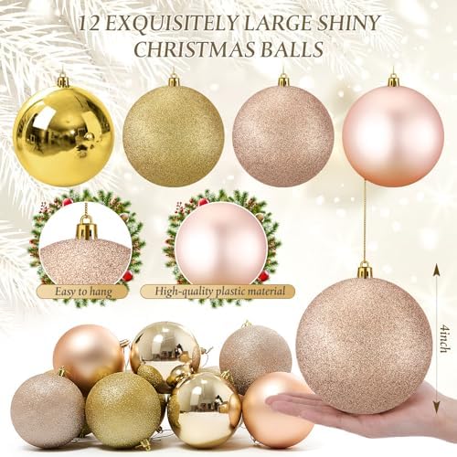 Jenaai 12 Pack Pink Gold Large Christmas Ball Ornaments Set, 4 Inch