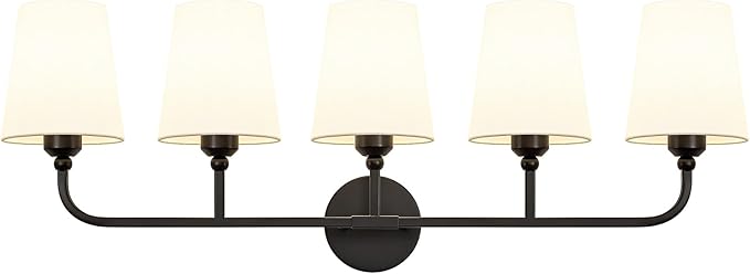 Bathroom Vanity Light, Matte Black Bathroom Light Fixtures, 5-Light Lighting Fixtures Over Mirror, Modern Wall Sconce with Flared White Fabric Shade, E26 Socket(ETL Listed)