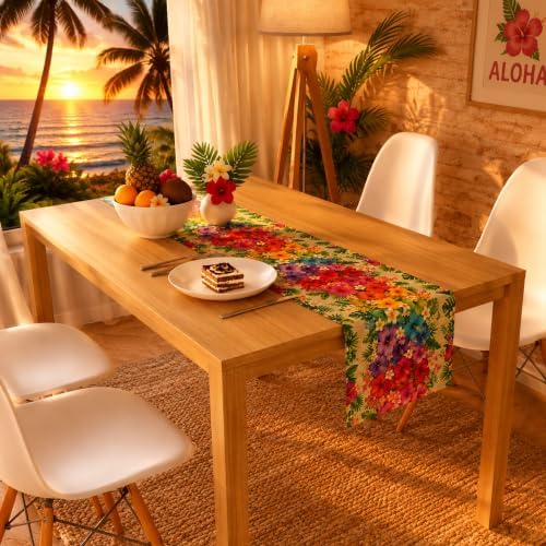 Luau Party Decorations - Tropical Hibiscus Plumeria Palm Leaf Table Runner