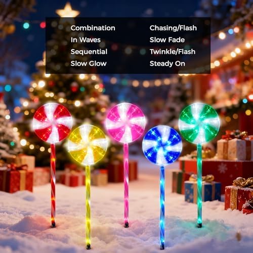 BRIGHTDECK 5 Pack Solar Christmas Pathway Lights, Multi Lollipop Stakes
