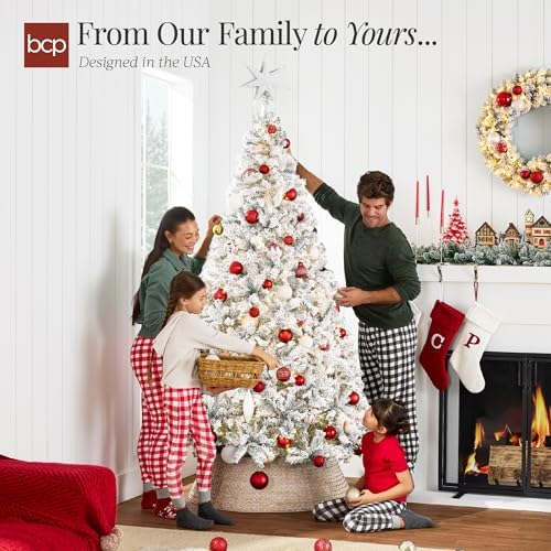 Best Choice Products Pre-Lit White Christmas Tree, 7.5ft Artificial Snow Flocked Full Fir Tree, Holiday Decoration w/ 550 Lights, 1,346 Branch Tips