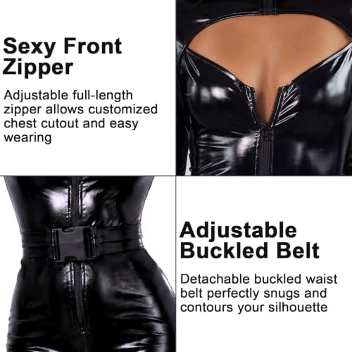 3 PCS Womens Black Cat Costume Faux Leather Catsuit Set