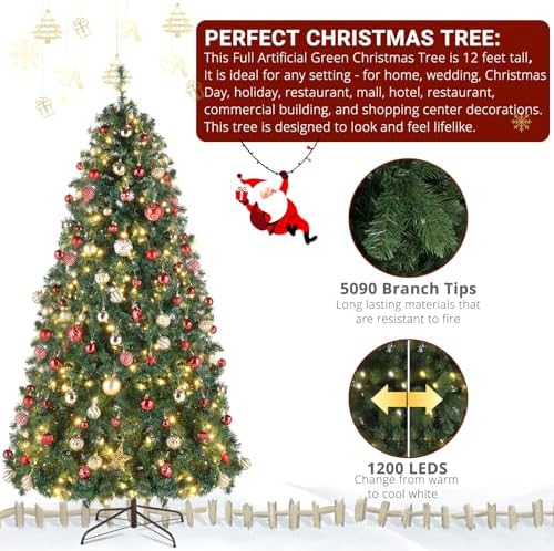 9zH&K 10FT Pre-Lit 1200 LED Lights 10 Modes Color Changing Christmas Pine Tree, 5090 Branches Artificial Festive Party Holiday Fake Multicolored Xmas Tree for Home, Office, Includes Stand