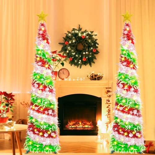 HISFFOG 5FT Pop Up Christmas Tree with 8 Rmote Lights Modes - 3 Color Sequin Tinsel Christmas Tree, Collapsible Artificial Pencil Christmas Trees Decorations for Home, Apartment, Office, Party