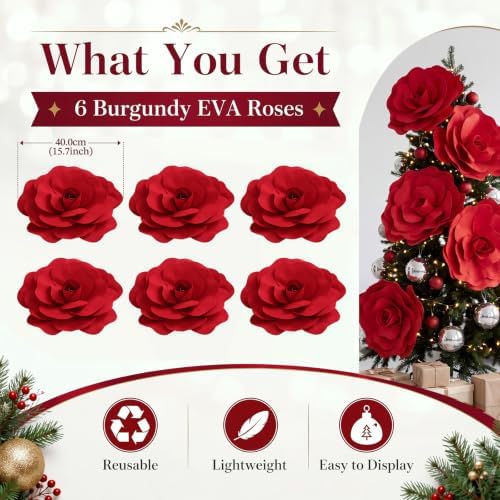 WinnerWhy 6 Pcs Extra Large 16'' Artificial Rose for Christmas Tree Decor