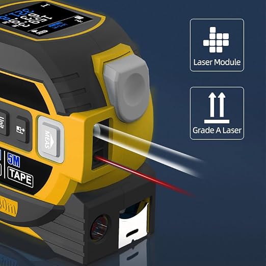 Voice Intelligent Tools 3-in-1 Laser Tape Measure ，Digital Measuring Tape Ruler-LCD Backlight 5M/16Ft Tape & Laser 100m/328Ft Rangefinder，Crosshairs Markings，Data Storage (Yellow, 100m/328ft)
