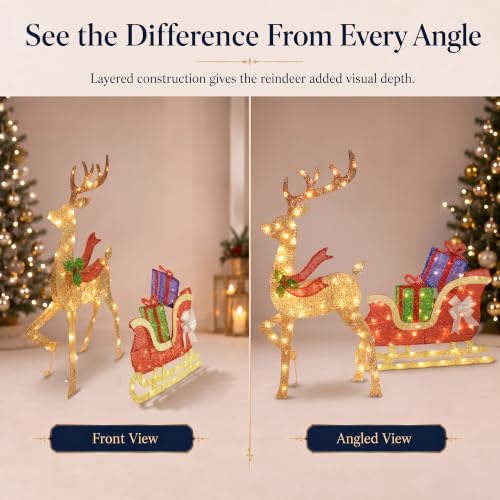 43 ‌"‌ 2.5D Lighted Christmas Reindeer with Sleigh Outdoor Decorations, Deer Pulling Gift Sled with 100 Warm White Lights, Stakes and Zip Ties for Yard Lawn Porch Garden Holiday Decor