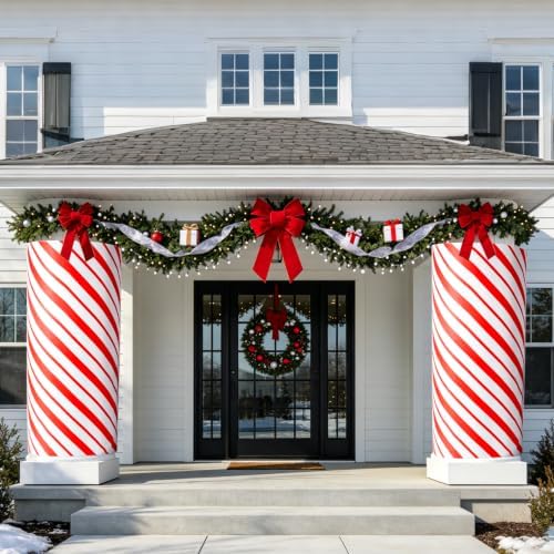 2pack Christmas Candy Cane Column Wraps, Red White Striped Pillar Wrap