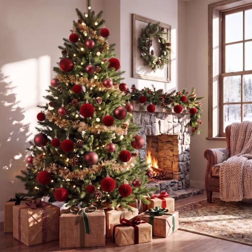 Civaner 52 Pcs Velvet Christmas Ball Ornaments Flocked Christmas Tree Hanging Ornaments 3 Assorted Size Shatterproof Xmas Ball Decorations Set for Xmas Holiday Winter Party Decor (Burgundy)