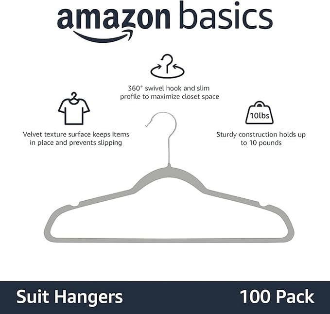 Amazon Basics Slim Velvet Non-Slip Space Saving Suit Clothes Hangers for Closet Organization, Gray/Silver, 100-Pack