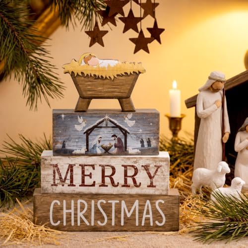 Lineshading 4 Pcs Christmas Table Decor, Wooden Nativity Manger Merry Signs