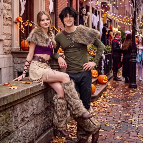 Janmercy 9 Pcs Halloween Viking Costume for Couple, Faux Fur Accessories