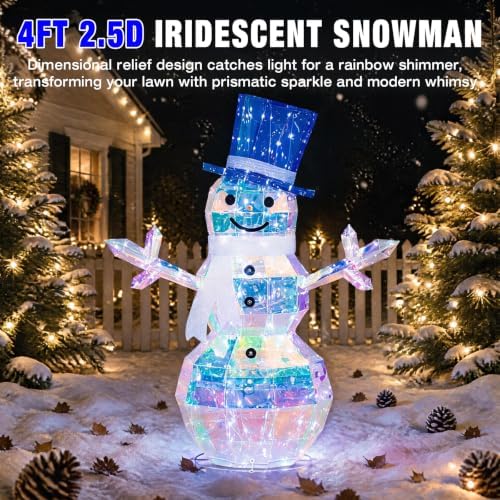 Hykolity 4 FT 2.5D Iridescent Prismatic Lighted Snowman, Outdoor Christmas Snowman Decoration with 100 Cool White LED Lights, Top Hat and Scarf for Yard, Lawn and Porch