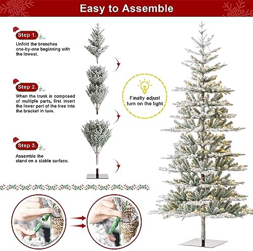 Glitzhome Christmas Tree with Lights, 8ft Deluxe Flocked Artificial Prelit Christmas TRE with 1523 PE&PVC Branch Tips, Majestic Frostfall Fir Hinged Xmas Tree w/450 Warm White Lights, Easy Assembly