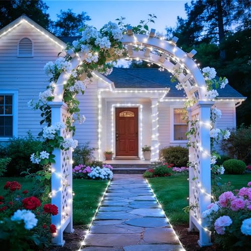 KNONEW Solar Rope Lights Outdoor 2 Packs Total 600LED 100FT Solar String Light Outside Waterproof with 8 Modes Clear Thin Tube for Pool Patio Garden Fence Camping Yard Deck Trampoline（Cool White）