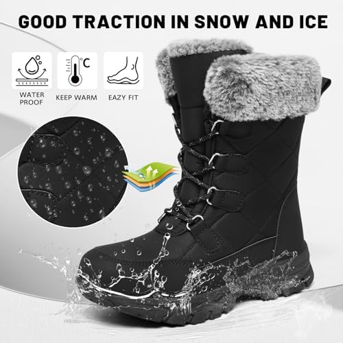 Women's Snow Boots Winter Water-Resistant Faux Fur Lined Warm Outdoor Lace Up Mid-Calf Booties Deep Tread Rubber Sole