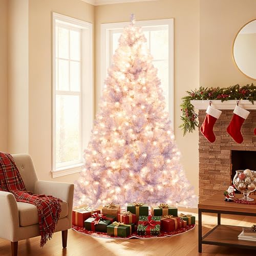 HAPPYGRILL 7.5 FT Pre-lit Tinsel Christmas Tree Artificial Xmas Tree with 550 LED Lights, 8 Modes, 1300 Lavender Purple Branch Tips, Folding Metal Stand, Seasonal Holiday Tree for Home Office Party