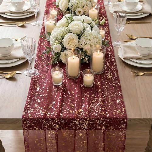 Artoid Mode Burgundy Gold Gauze Table Runner 120 Inch 10FT, Glitter Metallic Foil Sheer Dining Wedding Anniversary Holiday Birthday Table Decor for Home Party