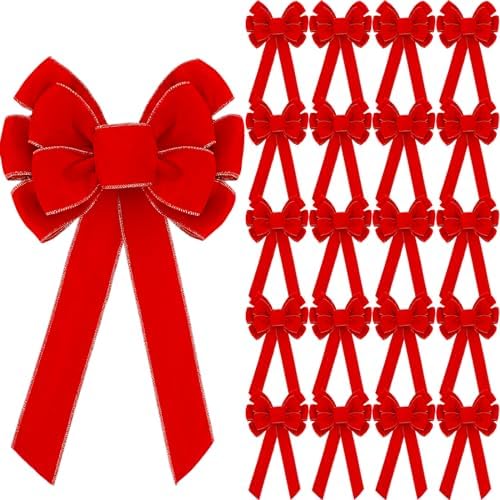 Lenwen 24 Pcs Large Christmas Velvet Bows Xmas Tree Topper,Red