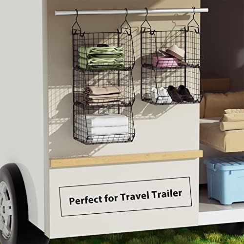 X-cosrack 5 Tier Closet Hanging Organizer, Clothes Hanging Shelves with 4 Hanging Hooks 5 S Hooks, Wire Storage Basket Bins, for Clothing Sweaters Shoes Handbags Clutches Accessories Patent Design