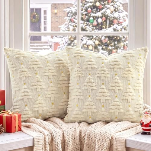 Softalker Christmas Pillow Covers 16x16 Set of 2, Beige Xmas Tree Decor