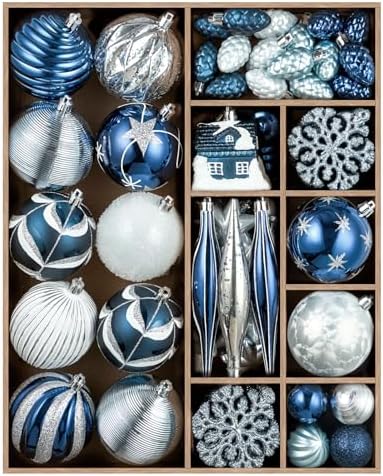 JORNOY 106Pcs Christmas Ornaments Bulk, Shatterproof Plastic Hanging Balls Bulbs Assorted Decor for Tree Decorations Home Holiday Party with Lanyard, Silver & Blue