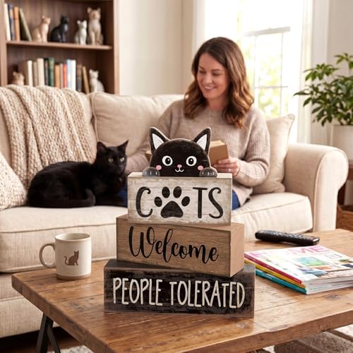 Lineshading 4 Pcs Cat Wooden Sign Set, Farmhouse Tiered Tray Decor