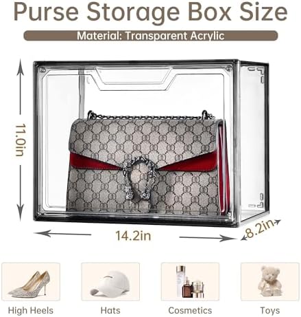 Purse Organizer for Closet,Clear Acrylic Display Case for Handbag Organizer, Purse Storage Box with Magnetic Door, Dustproof Storage Bins for Book, Collectibles, Cosmetic (Grey, 5)