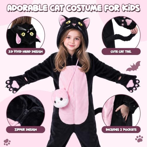 Joycover Halloween Black Cat Costume for Girls, Kids Cat Onesie & Purse Bag