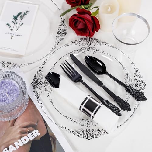 Hioasis 350 Pcs Clear Black Plates for Party