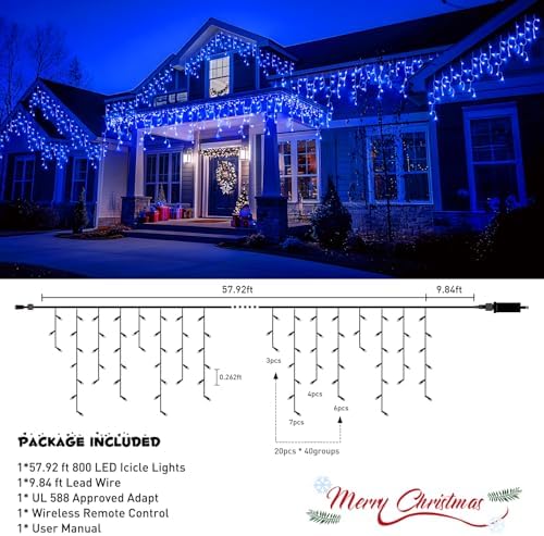 JMEXSUSS 800 LED Blue Icicle Christmas Lights Outdoor