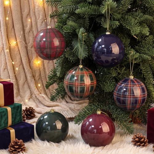 6 Pcs Plaid Christmas Ball Ornaments 4 Inch Green Blue Burgundy Balls