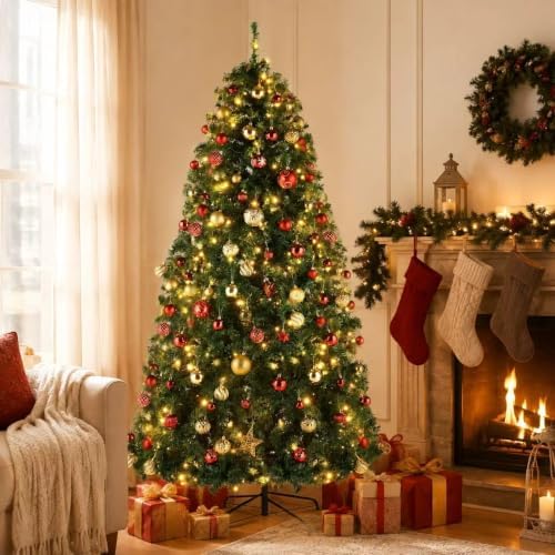 9zH&K 10FT Pre-Lit 1200 LED Lights 10 Modes Color Changing Christmas Pine Tree, 5090 Branches Artificial Festive Party Holiday Fake Multicolored Xmas Tree for Home, Office, Includes Stand