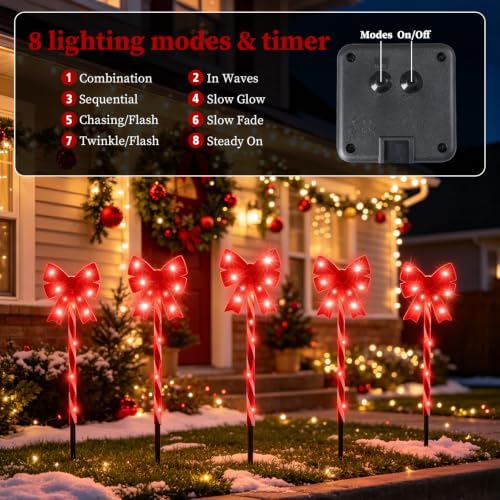 Solar 5PCS Christmas Bow Outdoor String Lights with Stakes Decor Red