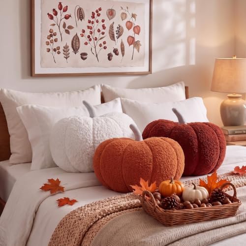 Konohan 3 Pcs Pumpkin Pillows Fall Stuffed Pumpkin Plush Pillow for Autumn Halloween Thanksgiving Christmas Bedroom Sofa Couch Supplies