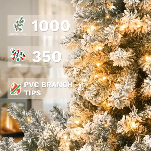 DWVO 7.5FT Pre-Lit Flocked Pencil Christmas Tree with 350 Dual-Color LEDs
