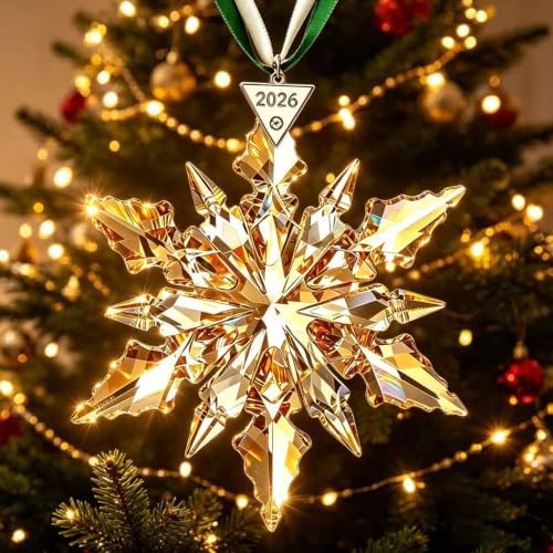 2026Annual Christmas Ornaments Crystal Snowflake Star - Christmas Tree Ornaments Pendant Sun Catcher Home Hanging Decor (2026 Golden Crystal)
