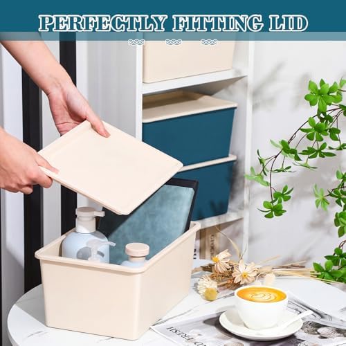 Menkxi 4 Pcs Storage Bins with Lids, Beige, Blue, Small