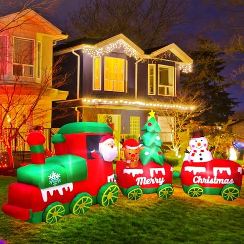 10.7 FT Christmas Inflatables Train with Santa Claus Reindeer Snowman Christmas Tress Built-in LED Lights Blow Up Christmas Decor for Christmas Party Holiday Outdoor Garden Lawn Yard Decorations