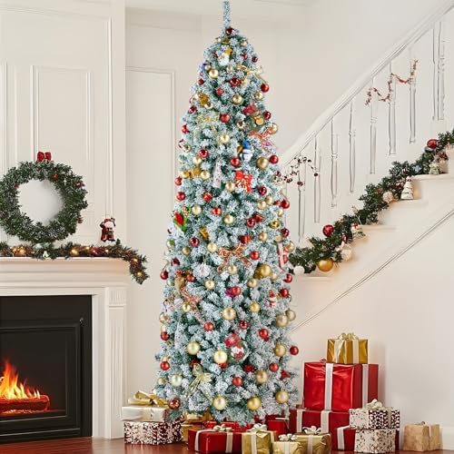 Yaheetech 9ft Pre-lit Snow Flocked Pencil Christmas Tree, Green & White