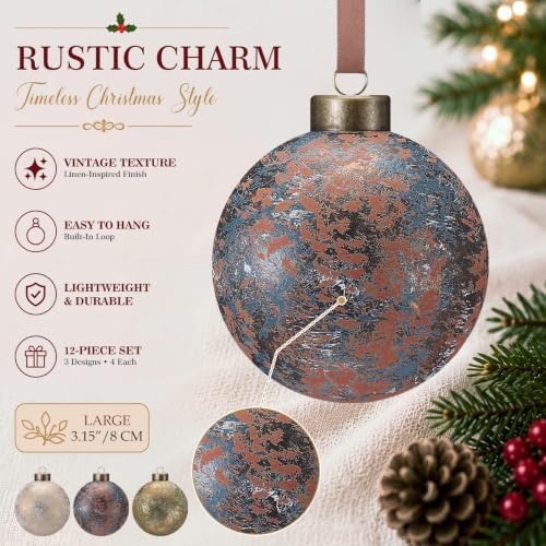 Yunlly 12 Pcs Neutral Christmas Ornament, Rusty Green Ivory Blue, 3.15''