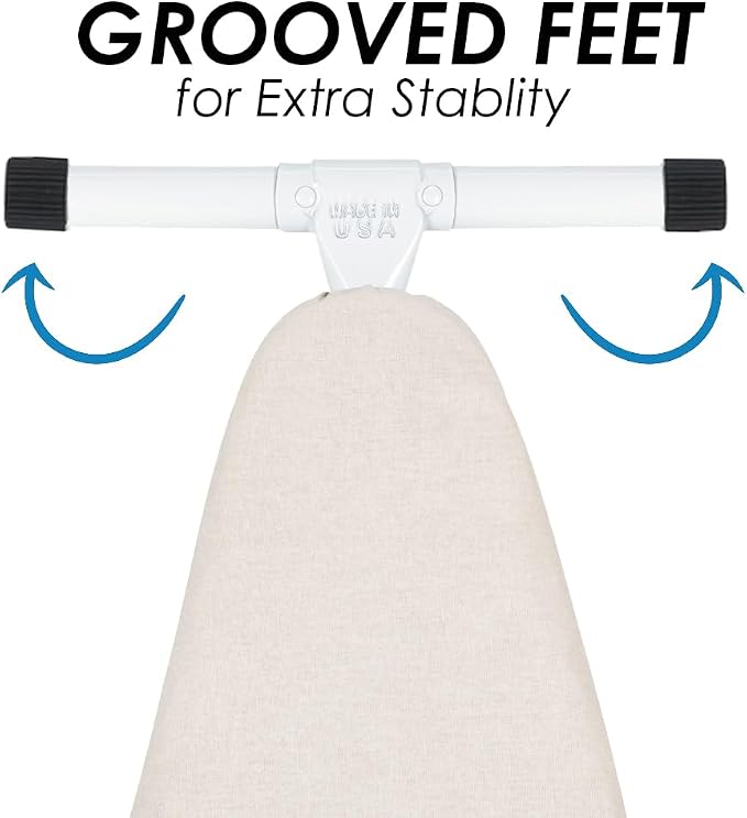 Full Size Ironing Board with Cover & Pad – USA-Made with Enhanced Grip Feet for Extra Stability – Adjustable Steel T-Legs 35" High – Perforated Top – Durable Iron Board for Home, Laundry Room, Beige
