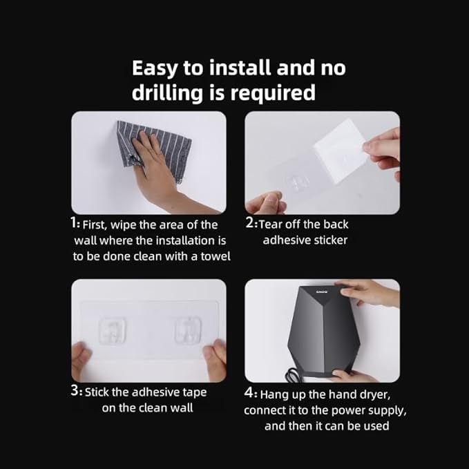 1600W Powerful Hand Dryer, Wall-Mounted Quiet Bathroom Dryer with No-Drill Installation, Compact Automatic Sensor Dryer for Home, Kitchen, Hotel(White)